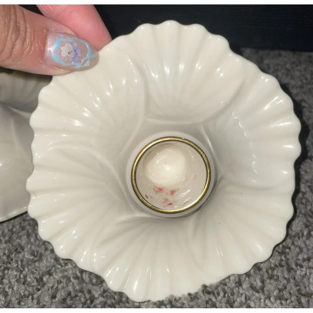 Lenox USA Ivory Porcelain Swirl Candle Holders Pair Gold Trim Vintage